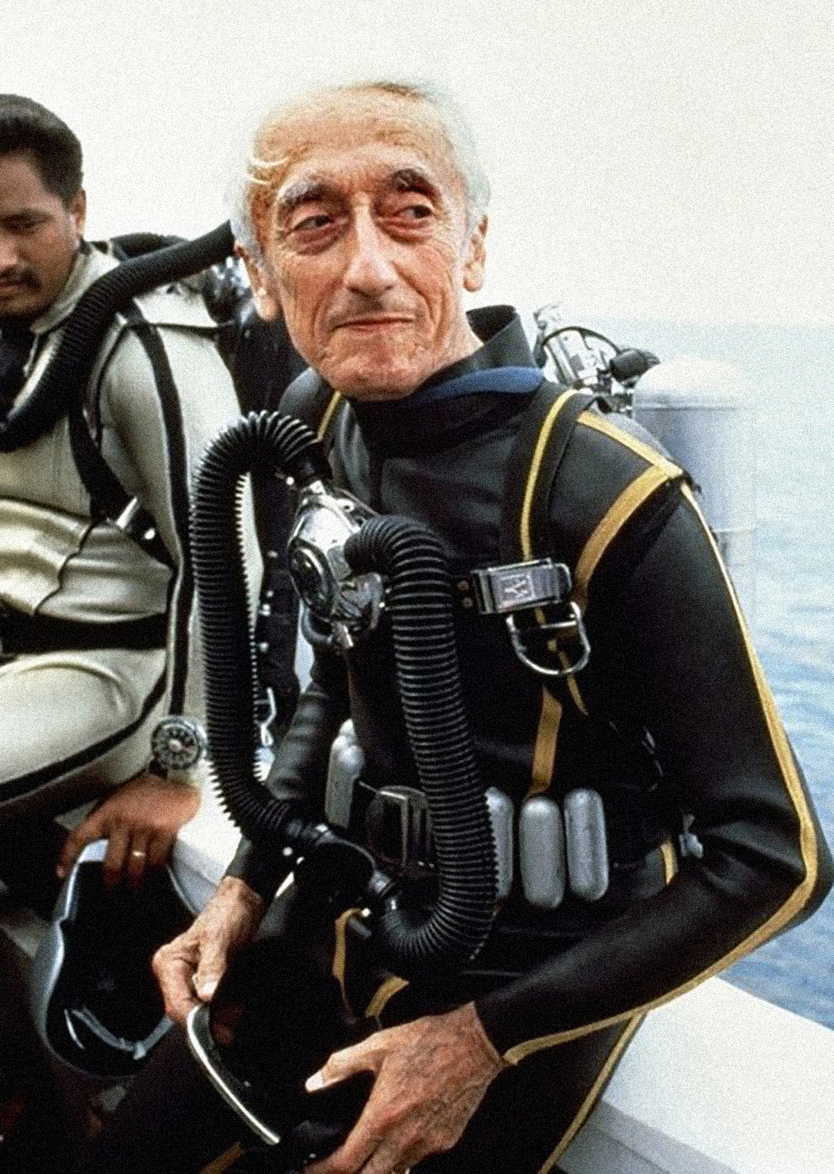 Jacques Cousteau dressed up in diving equipment
