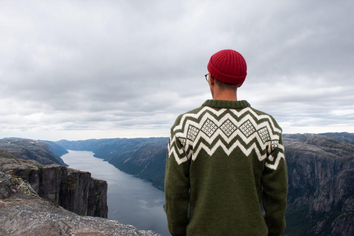 Norwegian wool sweater and beanie in the mountains
