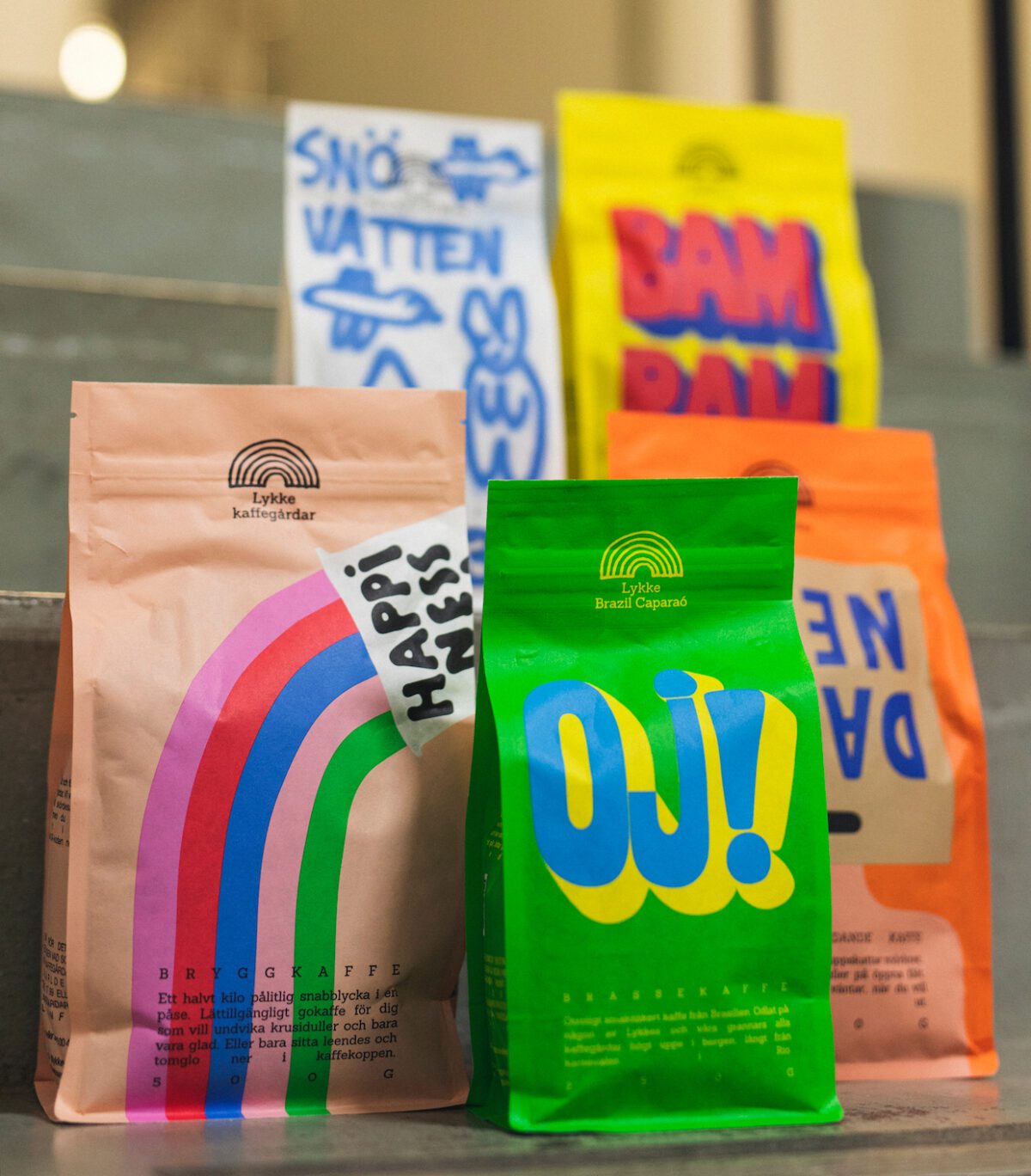 Lykke Kaffegårdar, coffee types in branded coffee bags.