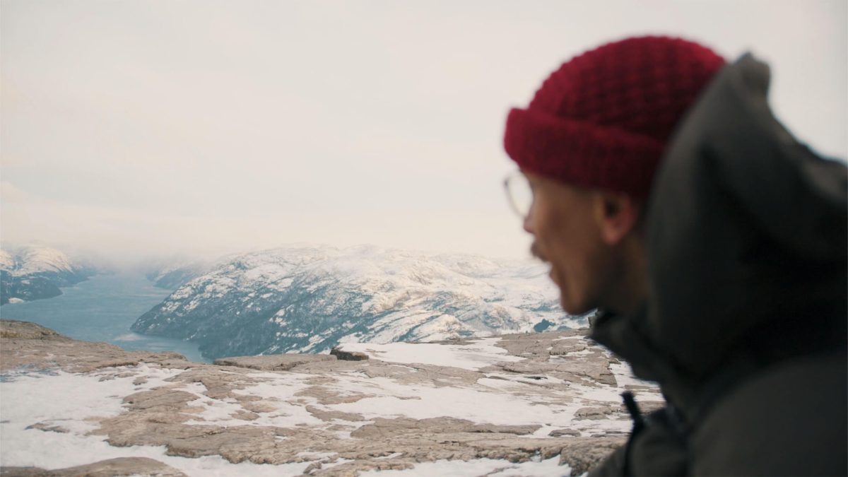 Red wool beanie in the mountains
